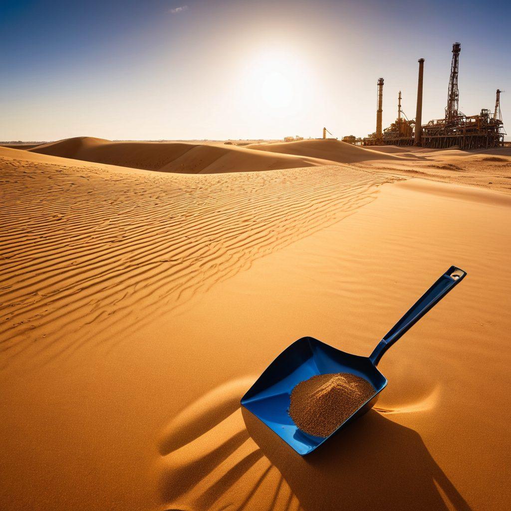 A sweeping desert landscape showcasing golden sand dunes under a bright blue sky, integrating elements of various industries such as construction, glassmaking, and technology, represented by silhouettes of factories, glass sculptures, and digital devices emerging from the sand. In the foreground, a shovel and a sieve symbolize the extraction of sand. The image conveys both the beauty and utility of sand in our world. vibrant colors. realism. natural elements.