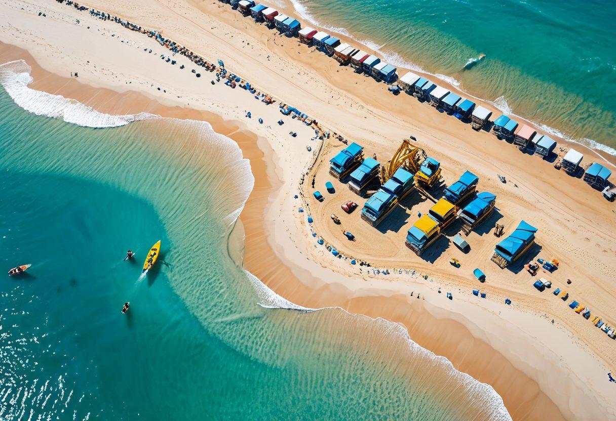 A stunning aerial view of a beautiful beach with golden sand blending into vibrant turquoise waters, juxtaposed with a contrasting scene of a bustling construction site utilizing sand as a core material. Include playful children building sandcastles on one side and heavy machinery on the other, all under a bright blue sky. super-realistic. vibrant colors. high contrast.